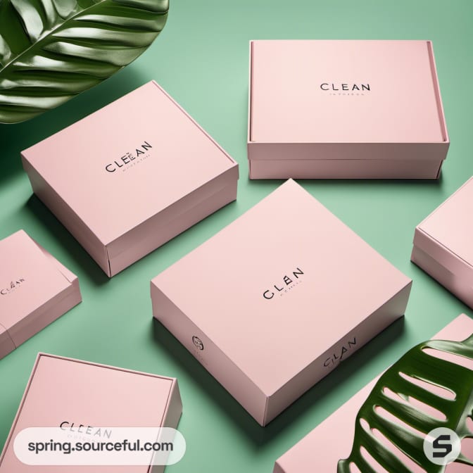 Pink 'Clean' boxes with leaves on mint green background.