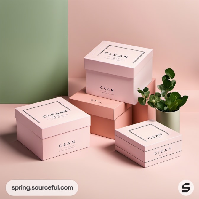 Pink 'Clean' boxes with small plant in pink and green setting.