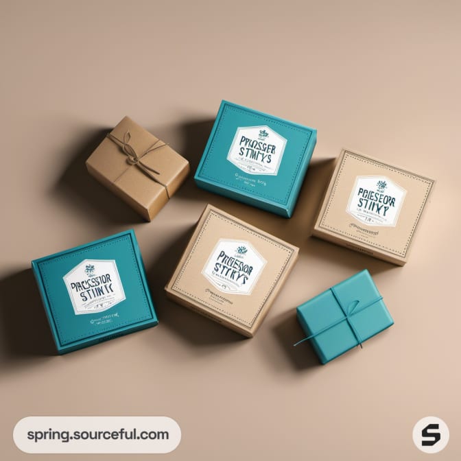 Assorted teal and tan square soap boxes.