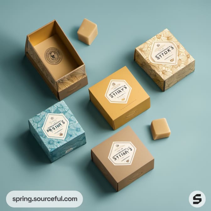 Open boxes showing soap inside, teal and tan.