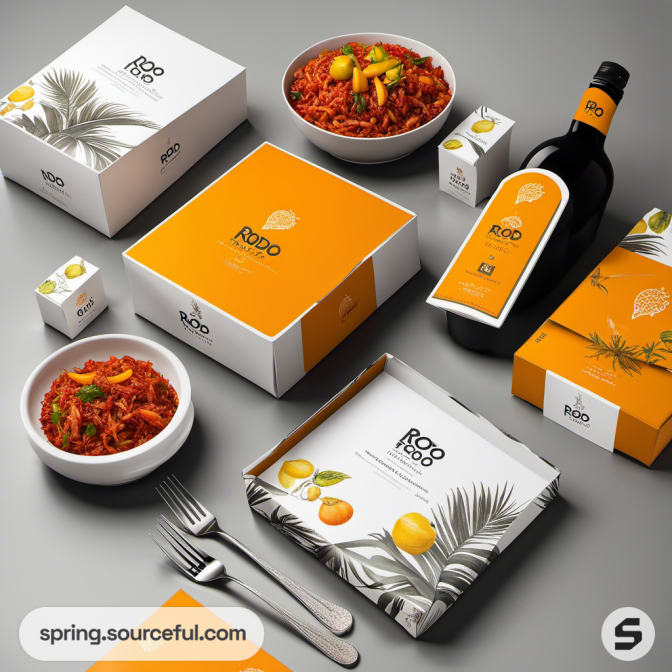 Orange and white packaging with pasta and bottle on display.