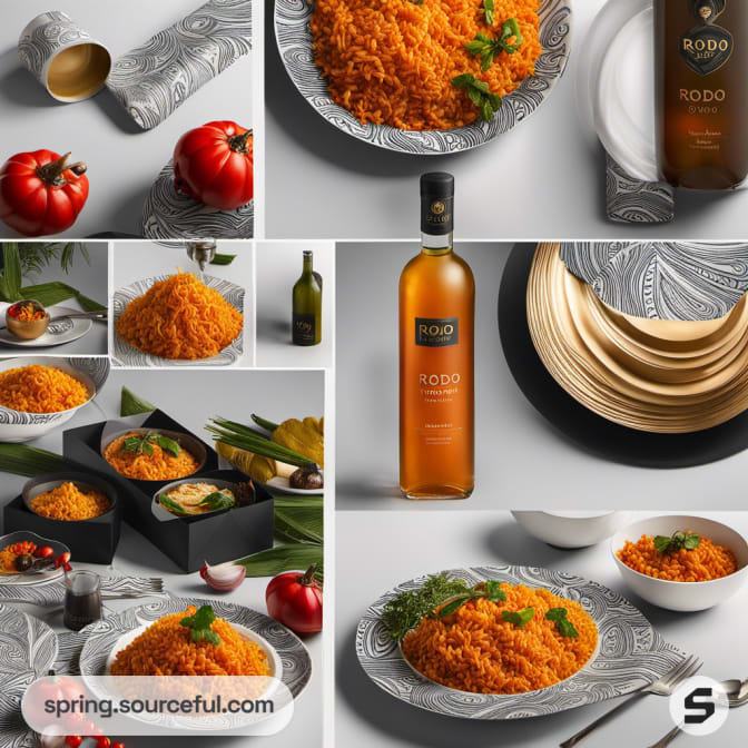 Close-up of plated meal with decorative packaging and sauce bottle.