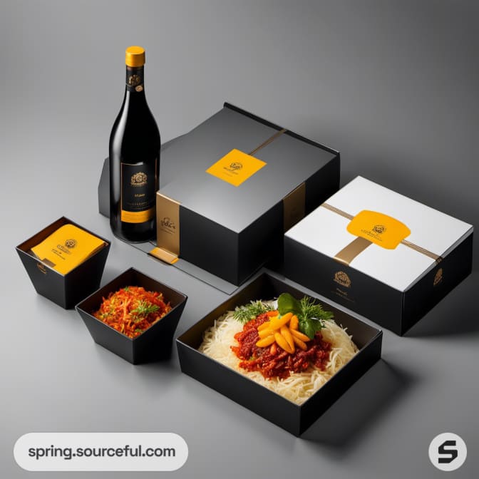 Black and gold packaging with plated pasta and wine bottle.