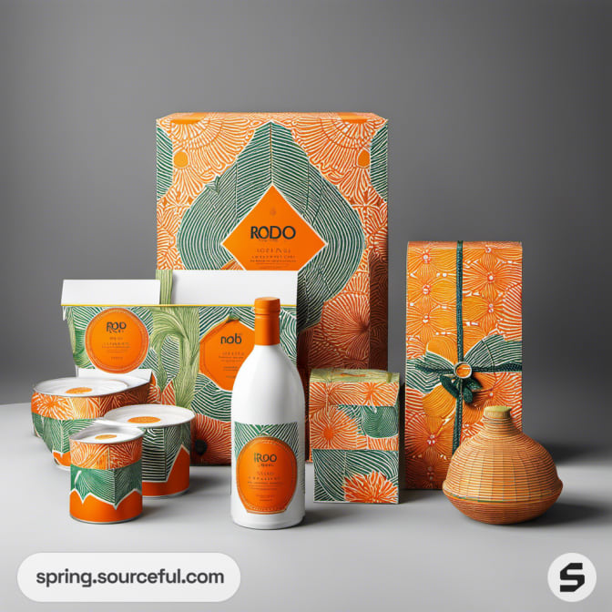 Green and orange patterned packaging with various containers and bottle.