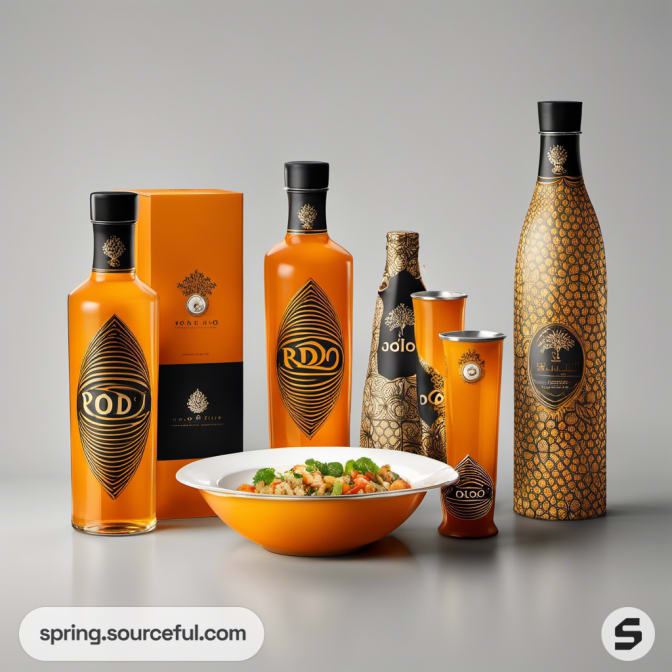 Various orange bottles with decorative patterns next to a plated dish.