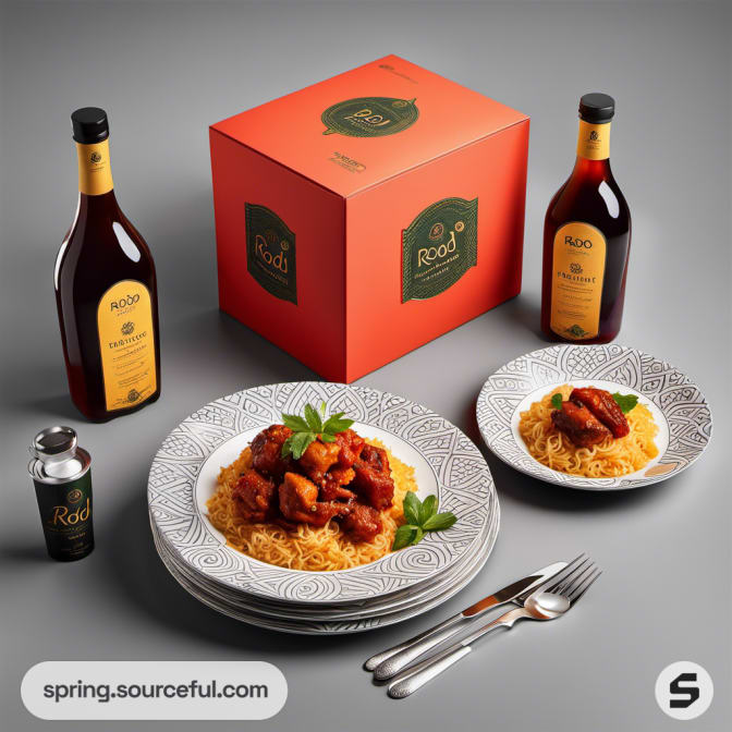 Red and green decorated packaging with plated rice and sauce bottles.