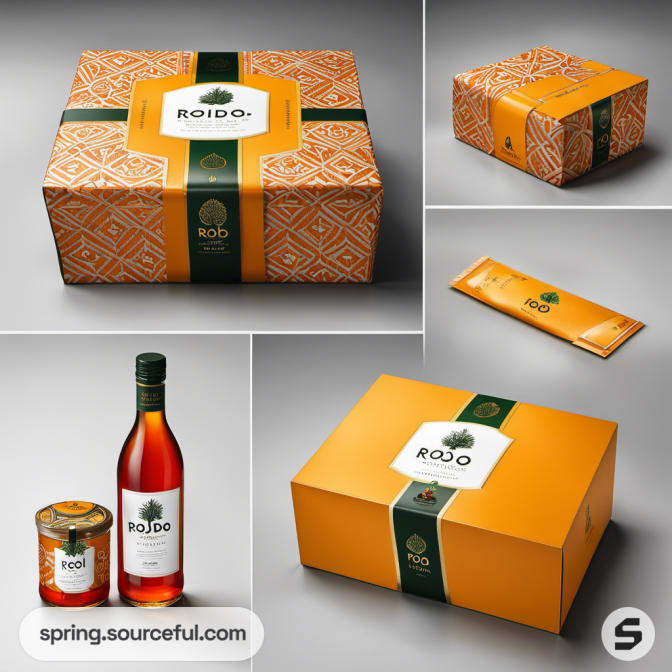 Orange geometric-patterned box with bottle and jar on display.