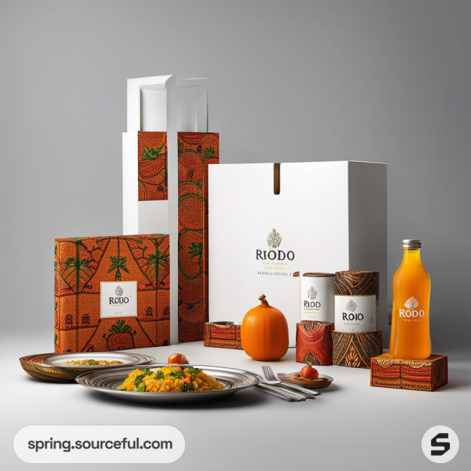 White and patterned packaging with plated dish and orange bottle.