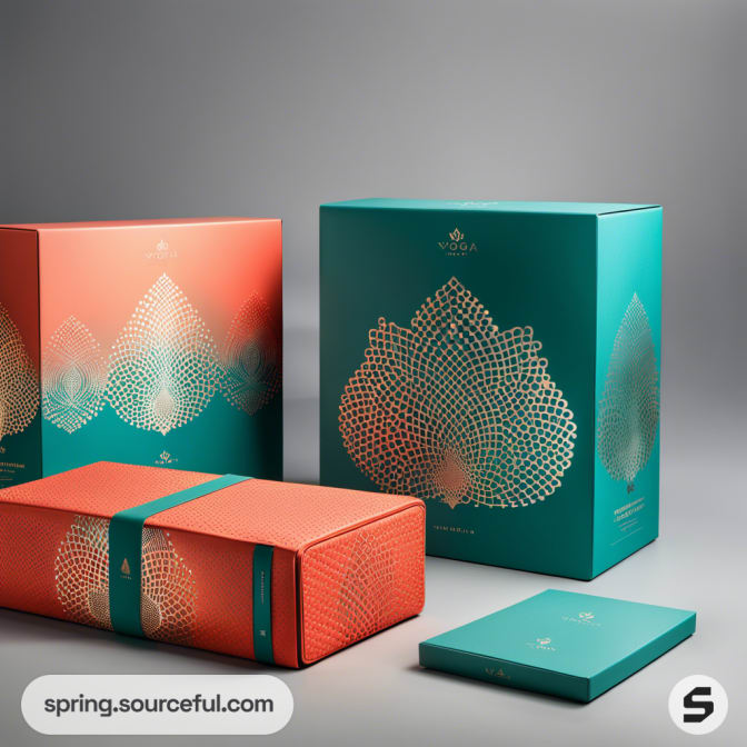 Teal and coral gift boxes with intricate patterns.