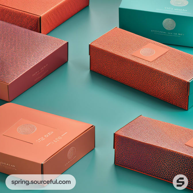 Rectangular textured boxes in coral and teal.