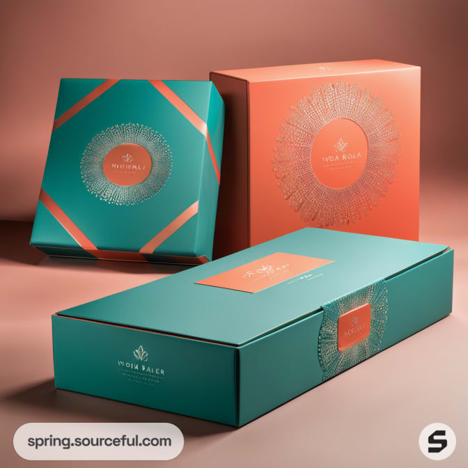 Elegant teal and coral boxes with intricate designs.