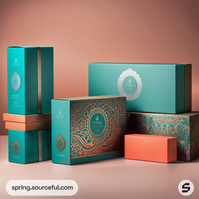 Assorted teal and coral boxes with ornate patterns.