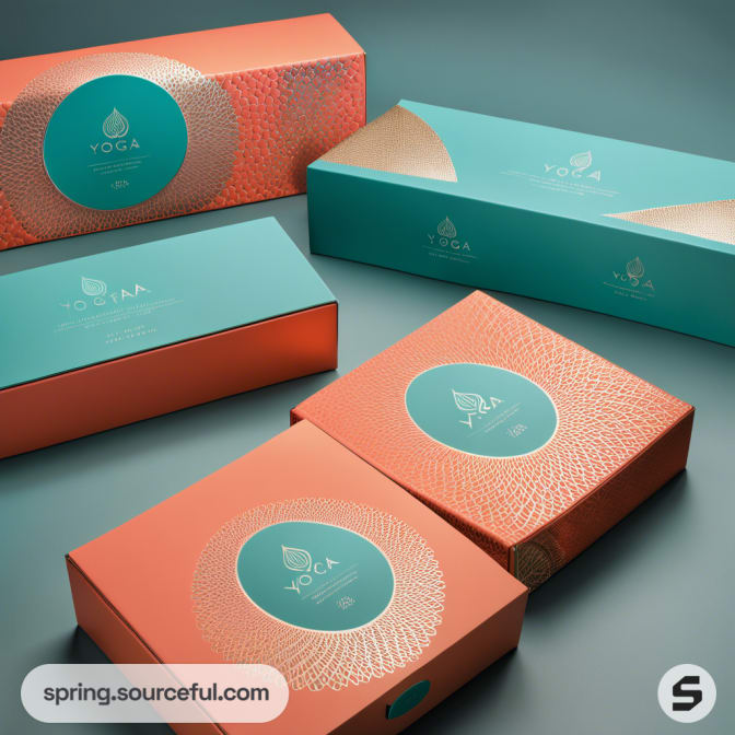 Coral and teal boxes with decorative circular designs.