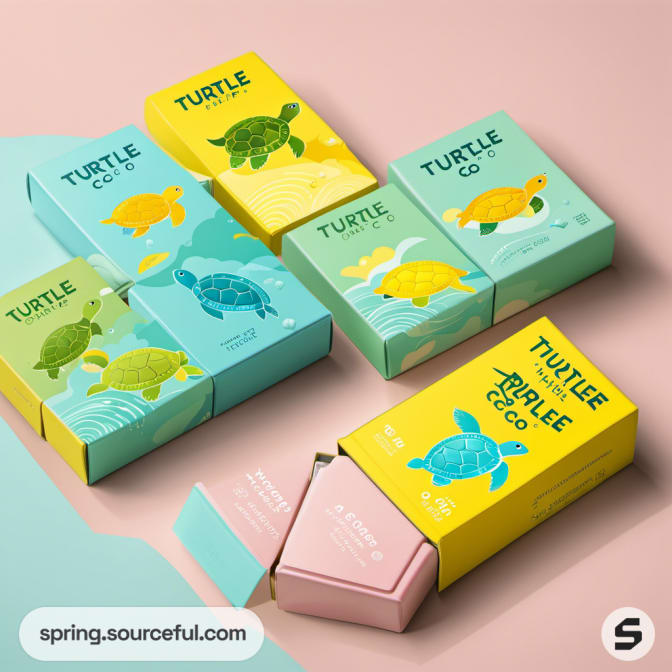 Colorful turtle-themed boxes in various pastel shades on a pink and green surface.