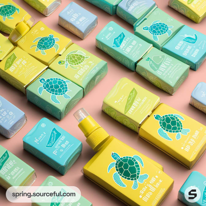 Assorted pastel boxes with turtle illustrations and a yellow spray bottle.