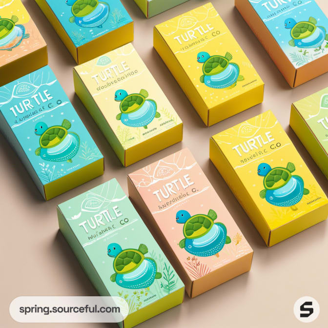 Boxes featuring turtle illustrations in pastel colors arranged neatly.