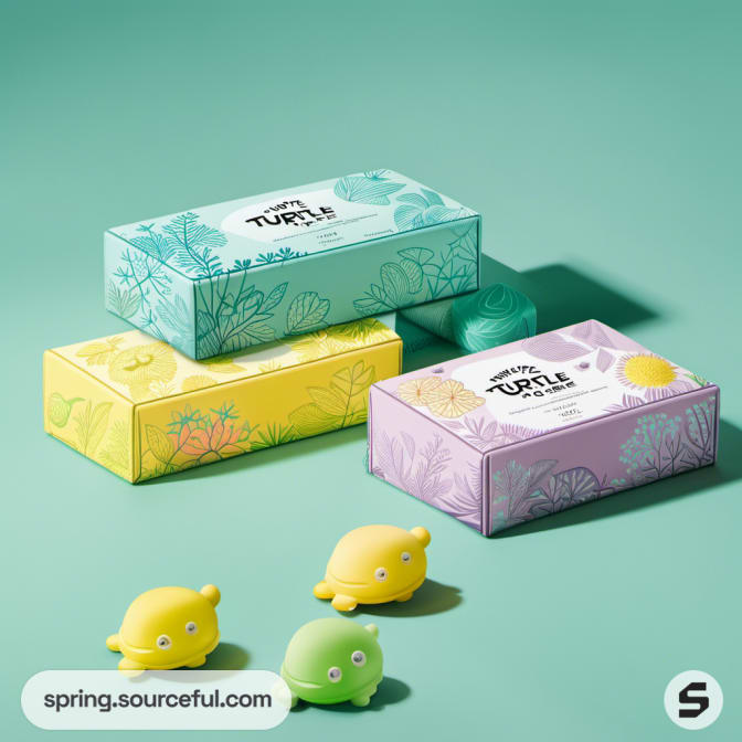 Three decorated boxes on a green surface with three small turtle figures.