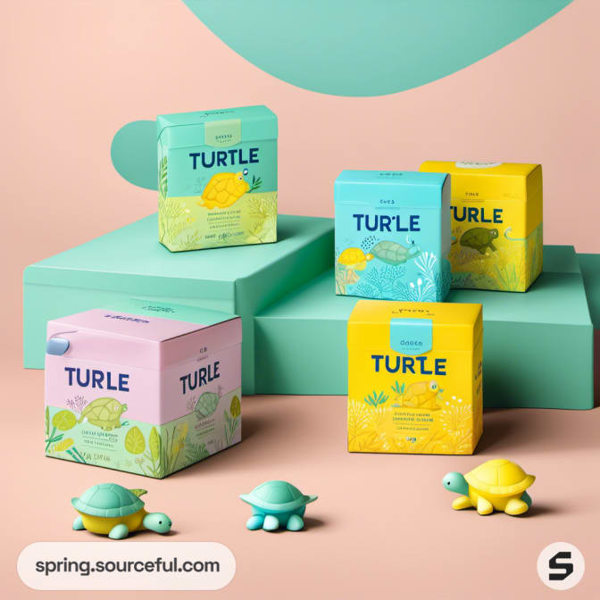 Stacked pastel green and yellow boxes with turtle figures on a pink surface.