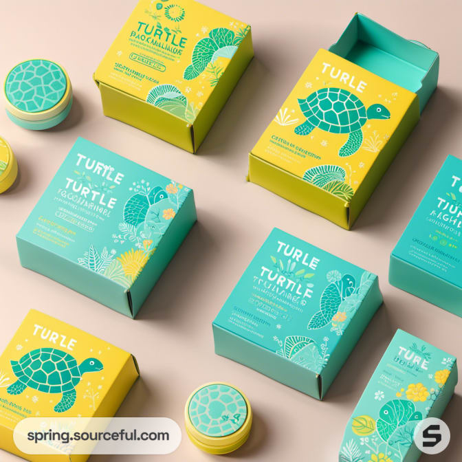 Open and closed boxes with turtle designs in yellow and green on a beige background.