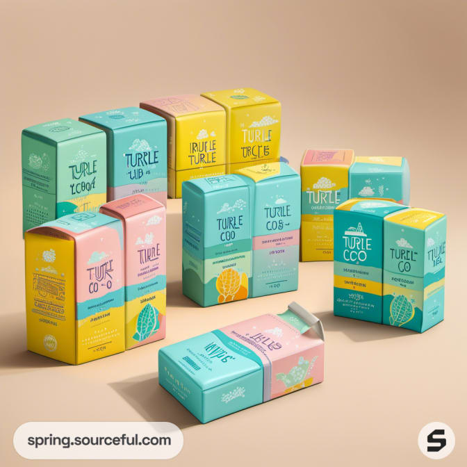 Multiple pastel boxes with varied turtle designs arranged vertically.