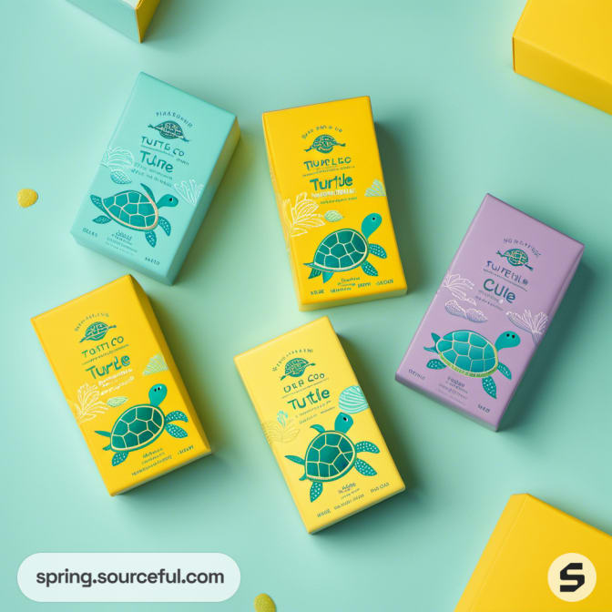 Five pastel boxes with turtle graphics on a light blue surface.