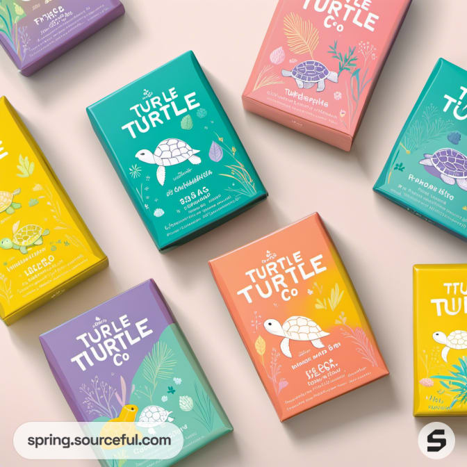 Assorted pastel boxes with turtle drawings in a circular arrangement.