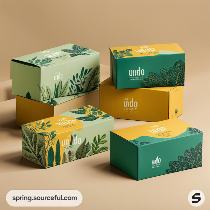 Green and yellow boxes with leaf patterns on beige background.