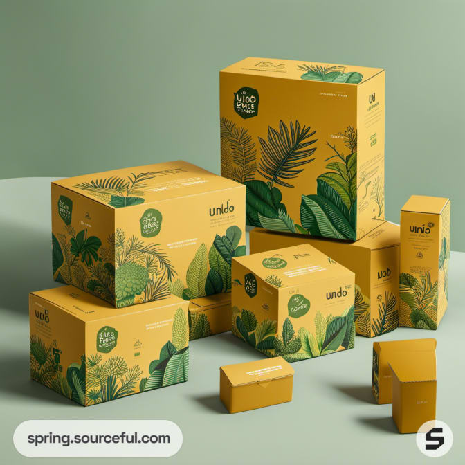 Yellow and green boxes with botanical designs on mint background.