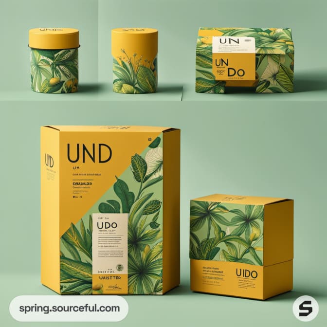 Tropical patterned boxes in green and yellow on mint surface.