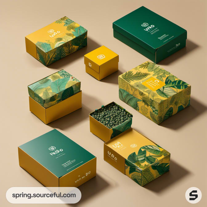 Various green and yellow boxes with leaf patterns on beige.