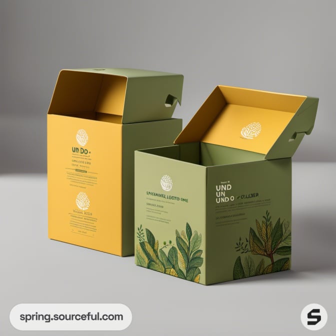 Open green and yellow boxes with leafy designs on grey background.