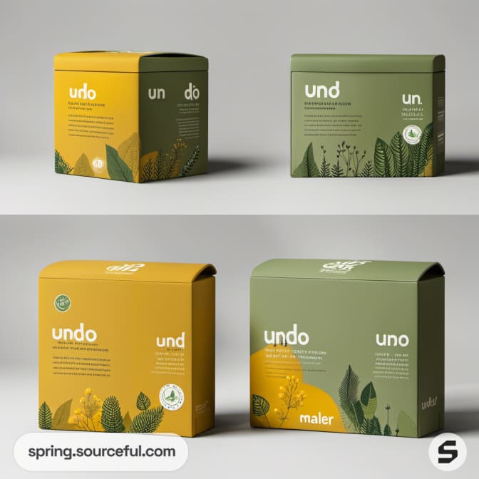 Collection of green and yellow boxes with leaf designs.