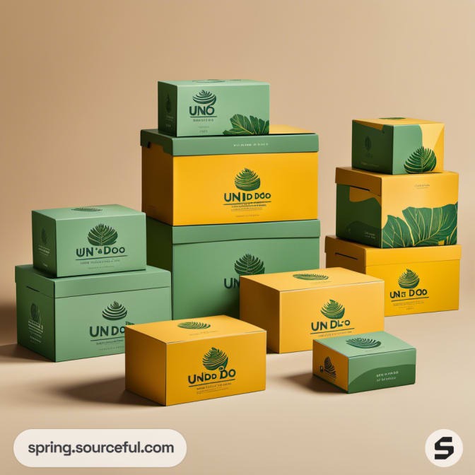 Stacked green and yellow boxes with leaf motifs on beige.