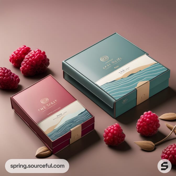 Two decorative boxes with wave patterns, surrounded by raspberries on a brown surface.