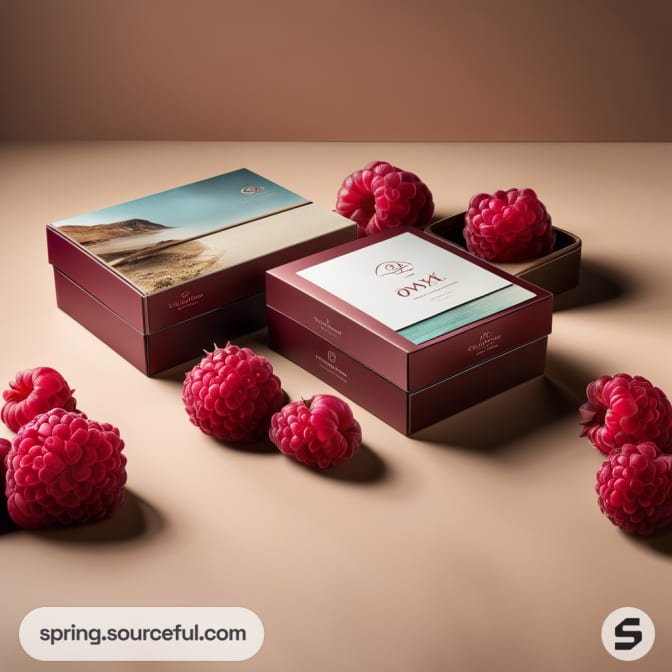 Raspberry-themed cardboard boxes on a beige surface with fresh raspberries around them.