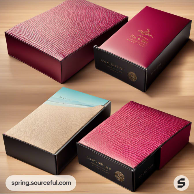 Elegant rectangular boxes with leather texture, in red and beige, on a wooden surface.