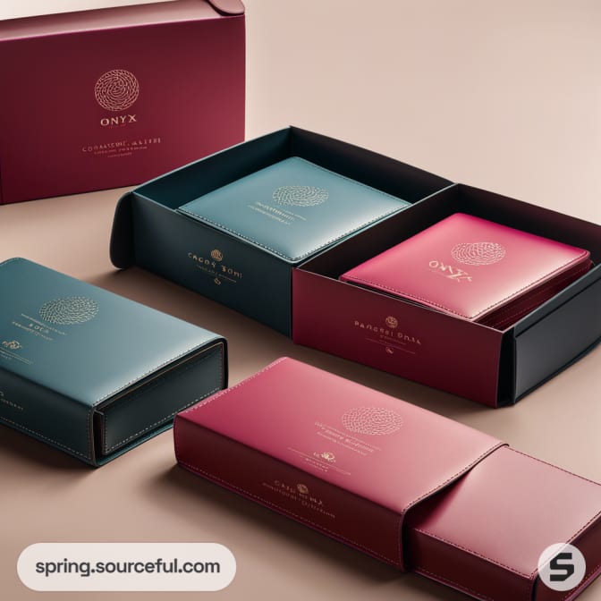 Elegant open packaging with teal and red boxes featuring gold lettering, on a soft beige background.