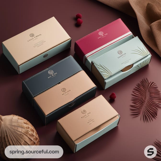 Stylish mailer boxes in earthy tones with leaf graphics, arranged on a wooden surface with decor accents.