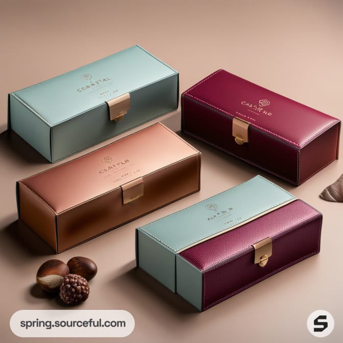 Elegant rectangular boxes in teal, bronze, and maroon with gold clasps and chestnuts nearby.