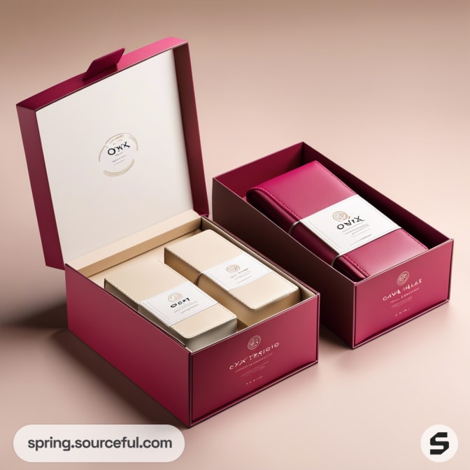 Pink boxes with cream interiors holding beige wrapped bars and a folded fabric item.