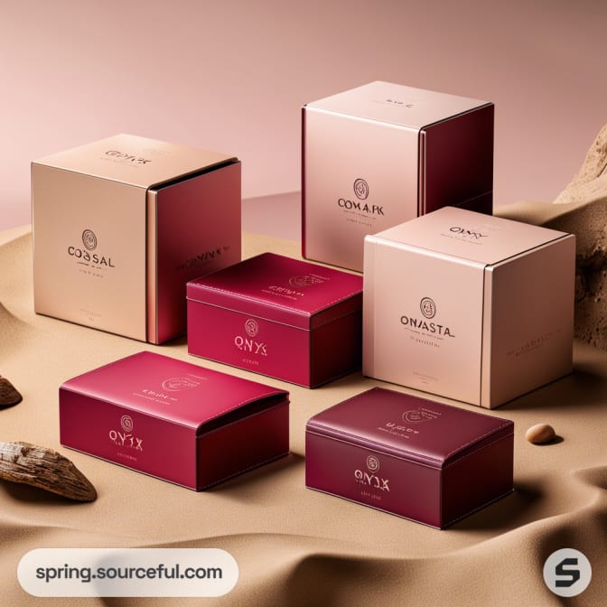 Assorted pink and beige mailer boxes on a beige surface.