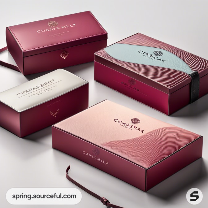 Four elegant, red and white gift boxes of varying sizes with minimalist designs and ribbon accents.