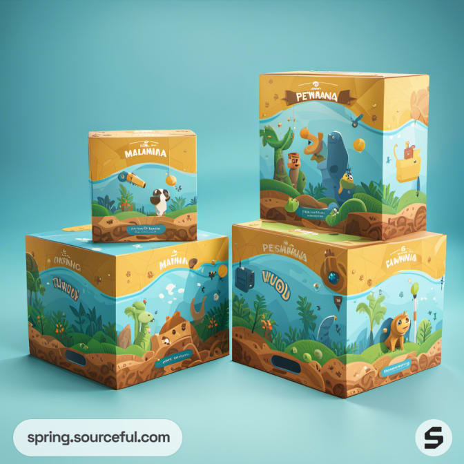 Jungle-themed boxes with animal illustrations on a teal background.