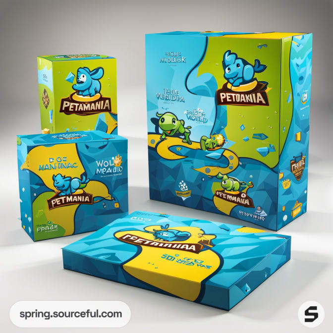 Aquatic-themed boxes with fish and frog illustrations on a white background.