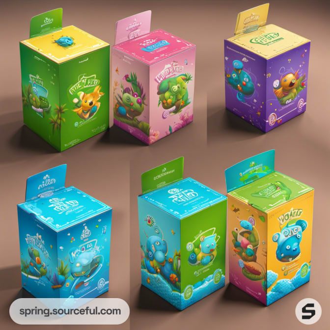 Playful animal-themed boxes in various colors with whimsical designs.