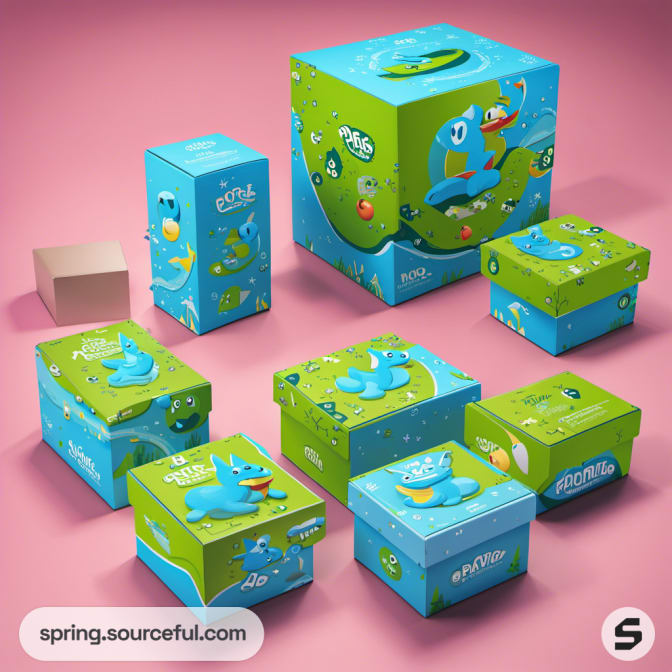 Blue and green boxes with cartoon sea creatures on a pink background.