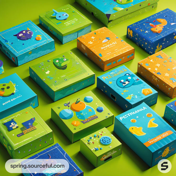 Assorted animal-themed boxes in bright colors on a green background.