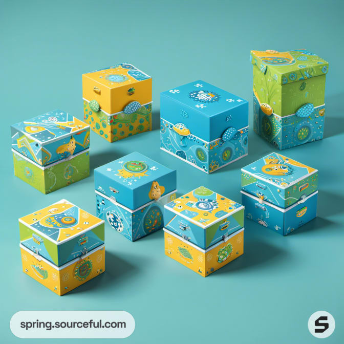 Blue and yellow ocean-themed boxes with sea creature designs.