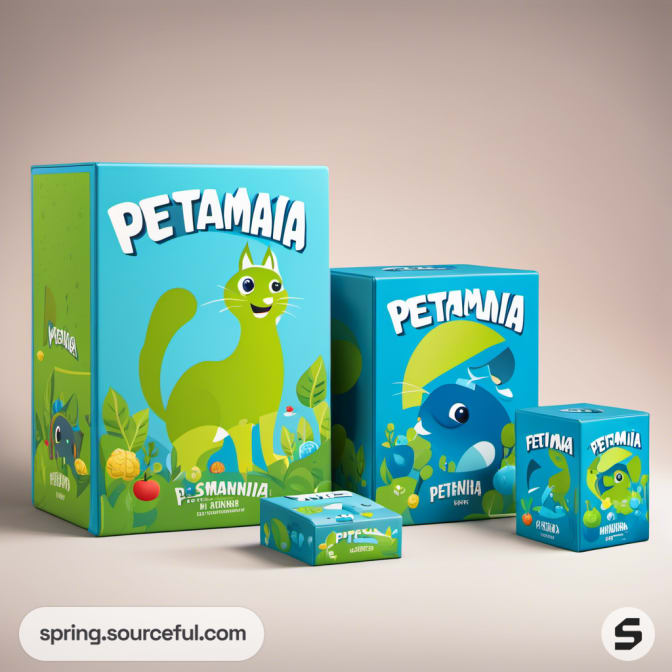 Pet-themed boxes with playful animal illustrations on a neutral background.