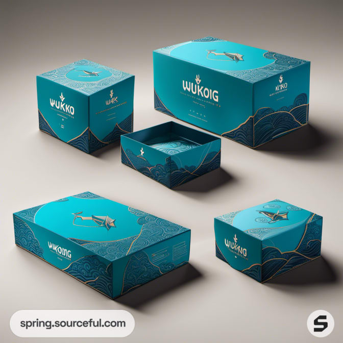 Teal boxes with fish design and gold accents on beige background.